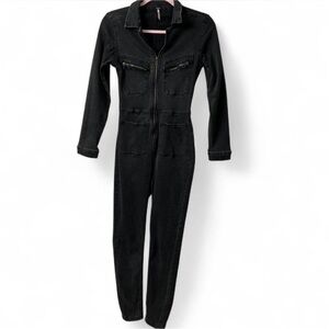 Free People Black Long Sleeve Denim Skinny Jumpsuit